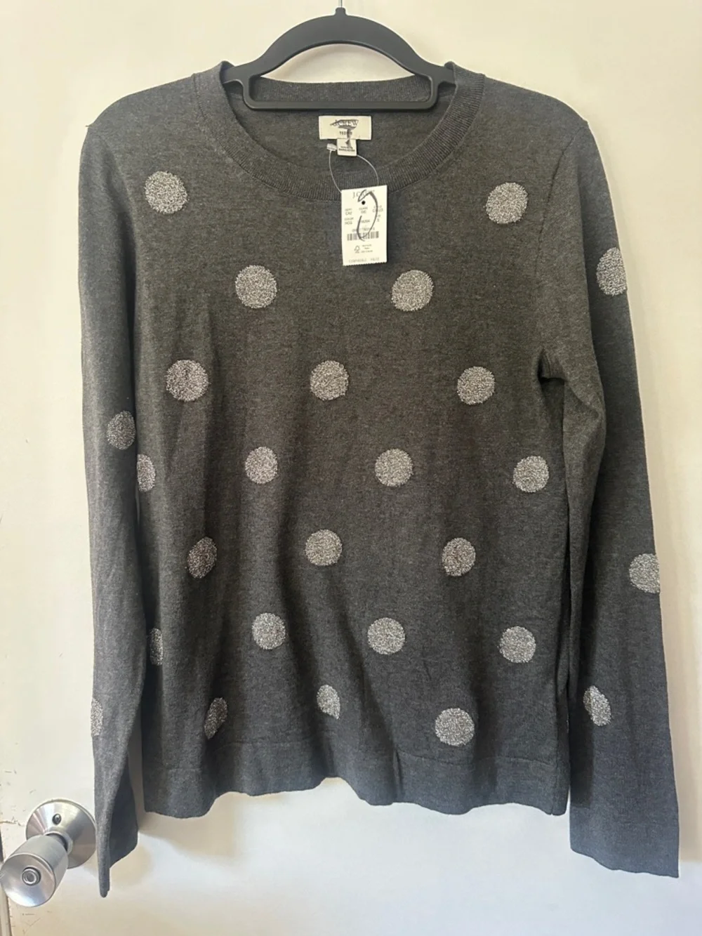 J. Crew Charcoal Crewneck Sweater with Silver Polka Dots